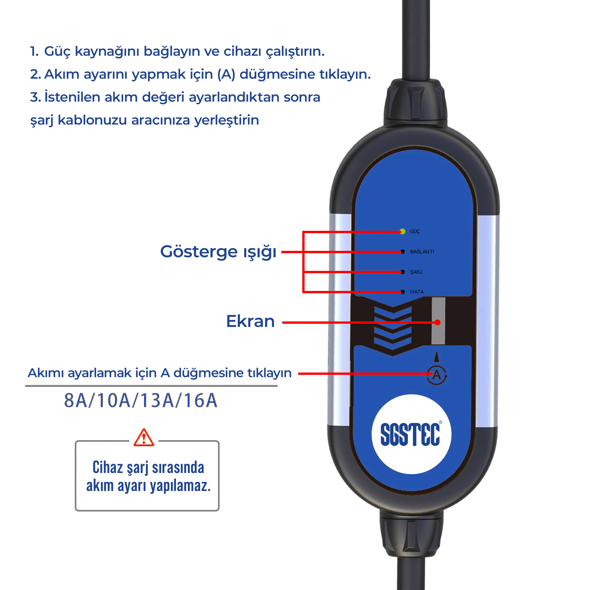 SGSTEC EV 3,5kW 16A Taşınabilir Elektrikli Araç Şarj Cihazı SGSTEC EV 3,5kW 16A Taşınabilir Elektrikli Araç Şarj Cihazı