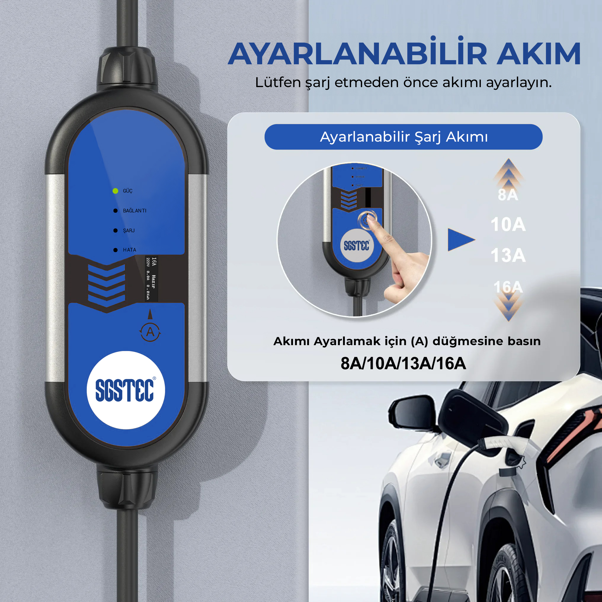 SGSTEC EV 3,5kW 16A Taşınabilir Elektrikli Araç Şarj Cihazı SGSTEC EV 3,5kW 16A Taşınabilir Elektrikli Araç Şarj Cihazı