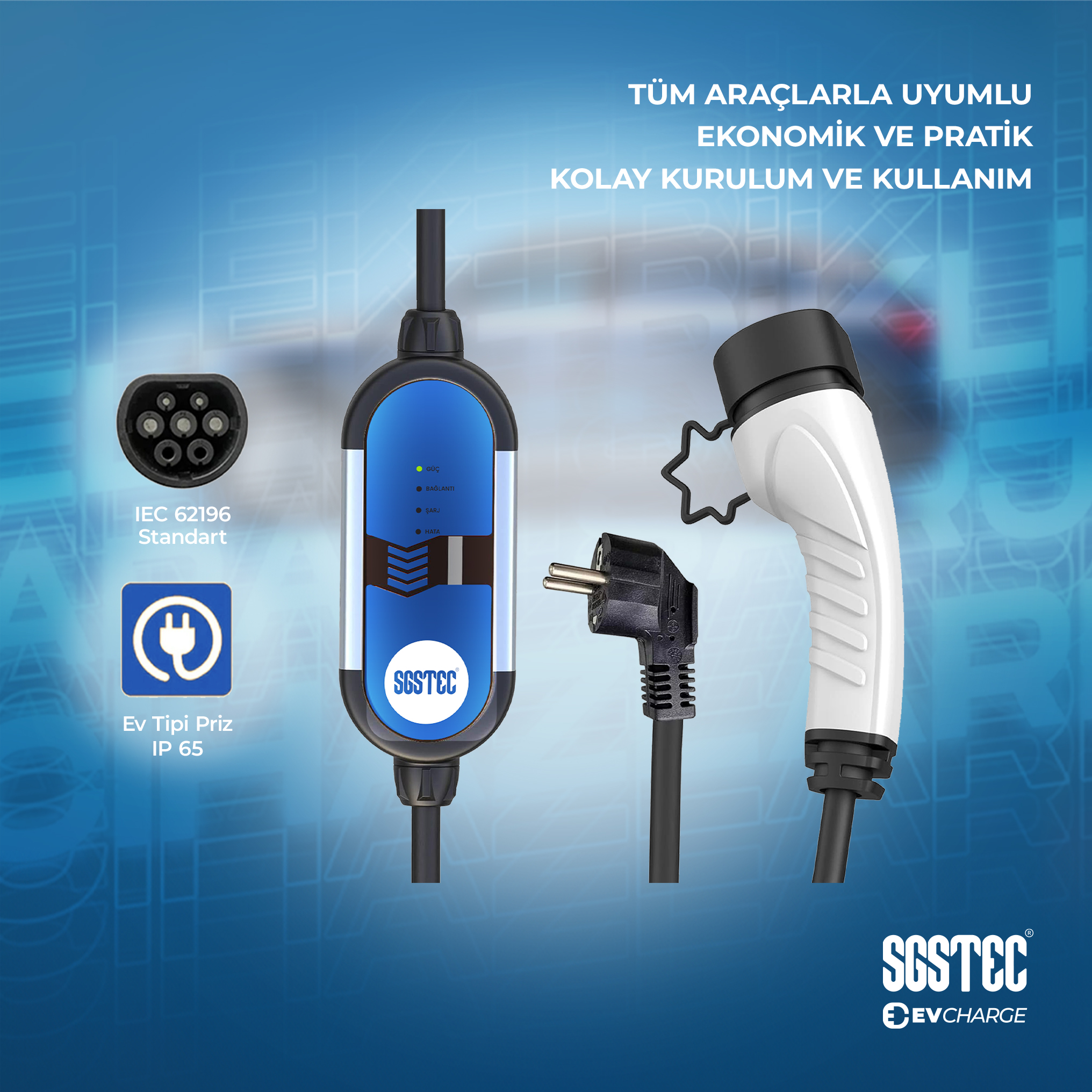 SGSTEC EV 3,5kW 16A Taşınabilir Elektrikli Araç Şarj Cihazı SGSTEC EV 3,5kW 16A Taşınabilir Elektrikli Araç Şarj Cihazı